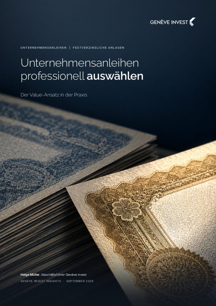 Titelseite: Unternehmensanleihen professionell auswählen – Genève Invest Insights